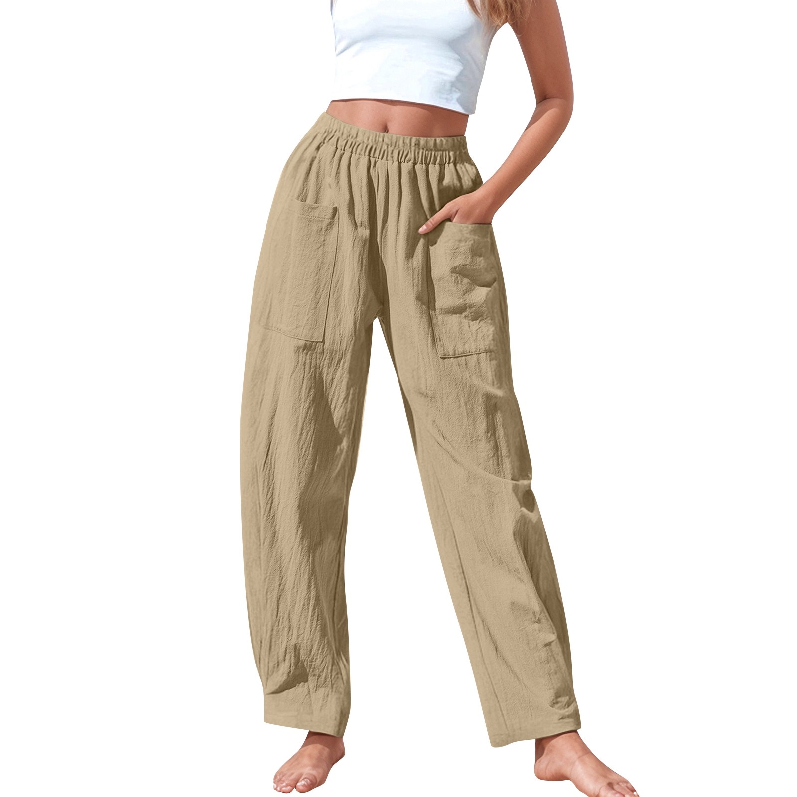 Pantalones elásticos de lino de cintura alta para mujer, informales: pantalones ligeros de verano para hacer ejercicio